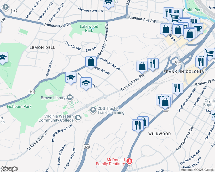 map of restaurants, bars, coffee shops, grocery stores, and more near 1036 Clearfield Road Southwest in Roanoke