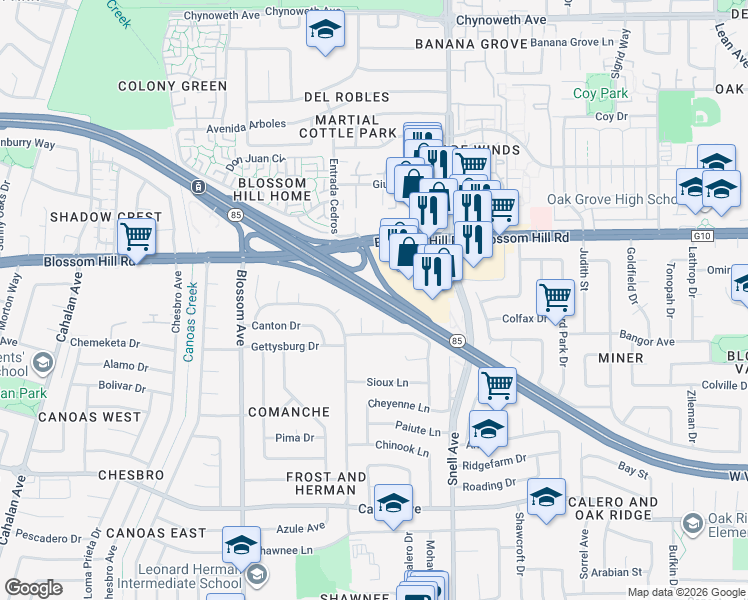 map of restaurants, bars, coffee shops, grocery stores, and more near West Valley Freeway in San Jose