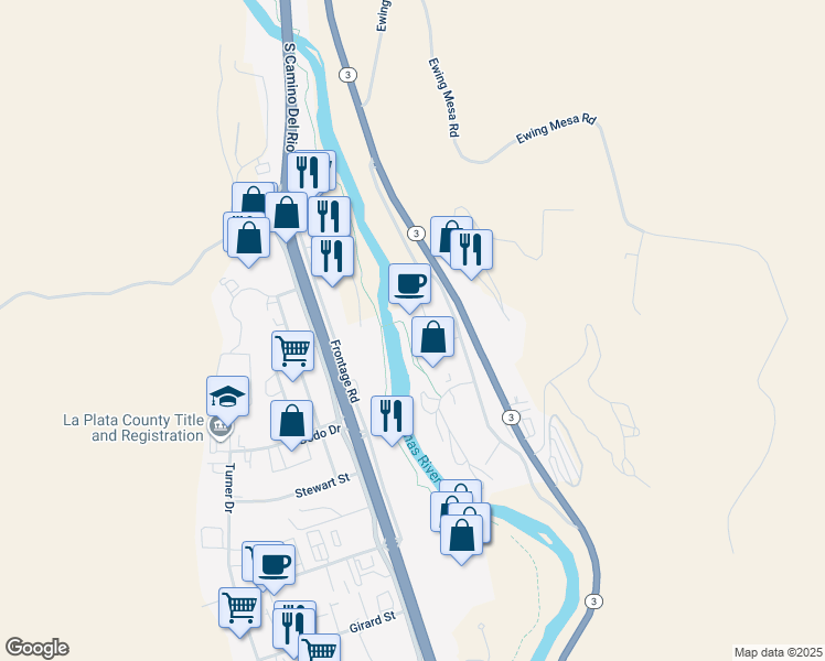 map of restaurants, bars, coffee shops, grocery stores, and more near 110 Rivergate Lane in Durango