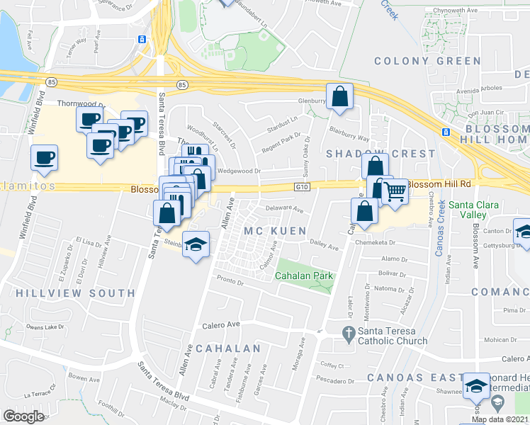 map of restaurants, bars, coffee shops, grocery stores, and more near 791 Delaware Avenue in San Jose