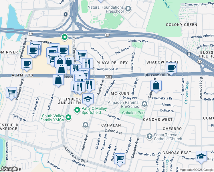 map of restaurants, bars, coffee shops, grocery stores, and more near 5629 Playa Del Rey Court in San Jose