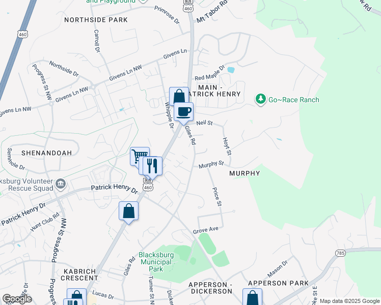 map of restaurants, bars, coffee shops, grocery stores, and more near 1315 Giles Road in Blacksburg