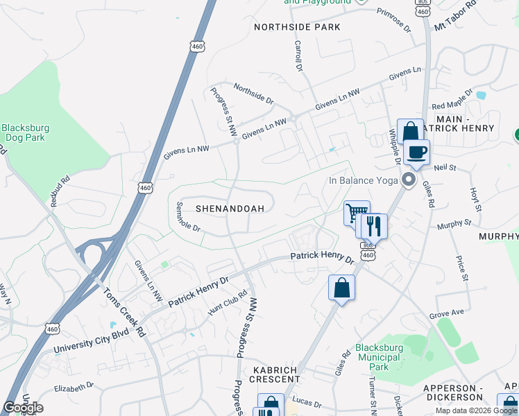 map of restaurants, bars, coffee shops, grocery stores, and more near 305 Cherokee Drive in Blacksburg