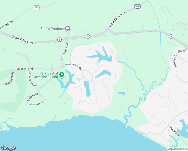 map of restaurants, bars, coffee shops, grocery stores, and more near 3000 John Vaughan Road in Williamsburg