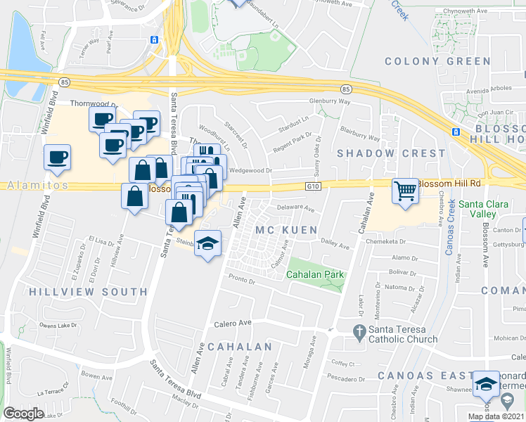 map of restaurants, bars, coffee shops, grocery stores, and more near Playa Del Rey & Playa Del Rey Ct in San Jose