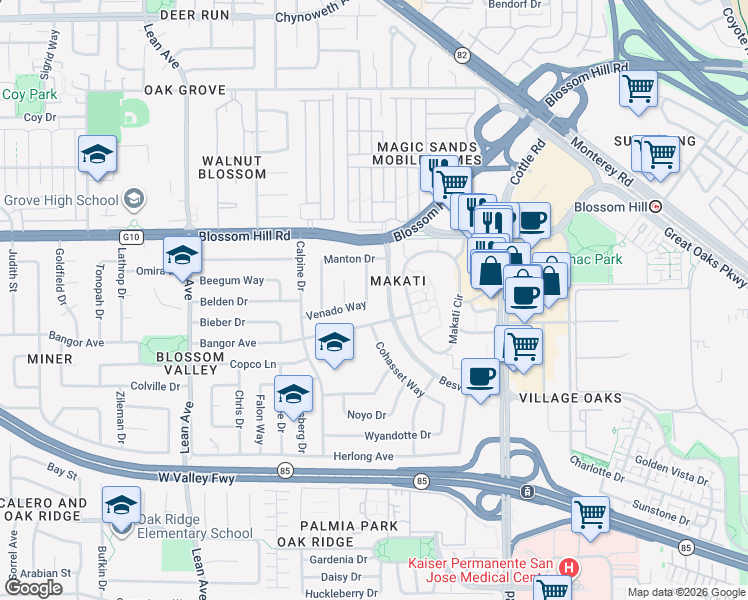 map of restaurants, bars, coffee shops, grocery stores, and more near 5665 Beswick Drive in San Jose