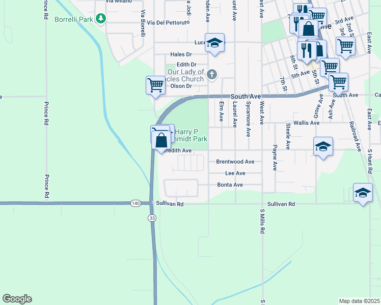 map of restaurants, bars, coffee shops, grocery stores, and more near 1400 Meredith Avenue in Gustine