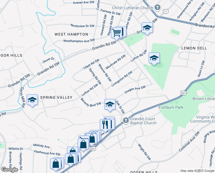 map of restaurants, bars, coffee shops, grocery stores, and more near 2617 Livingston Road Southwest in Roanoke