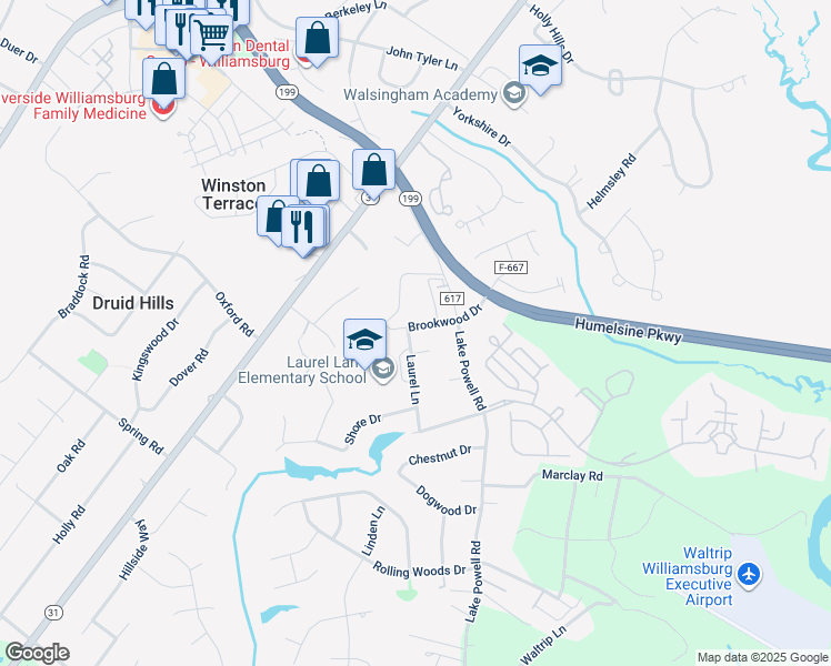 map of restaurants, bars, coffee shops, grocery stores, and more near 110 Brookwood Drive in Williamsburg