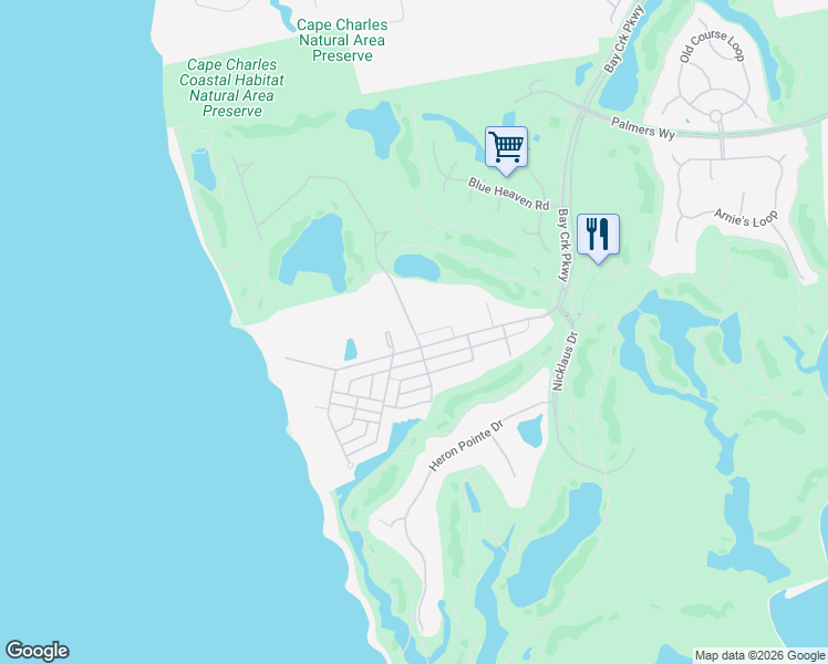map of restaurants, bars, coffee shops, grocery stores, and more near 1 Beach Club Way in Cape Charles
