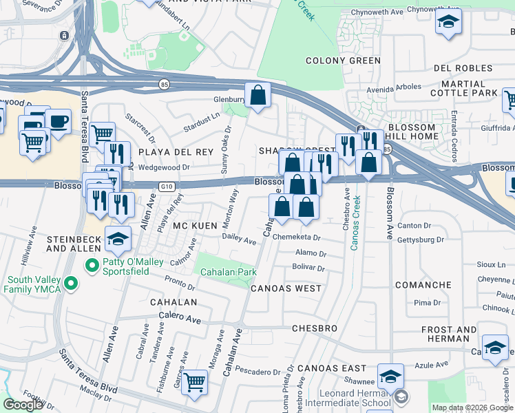 map of restaurants, bars, coffee shops, grocery stores, and more near 5686 San Lorenzo Drive in San Jose