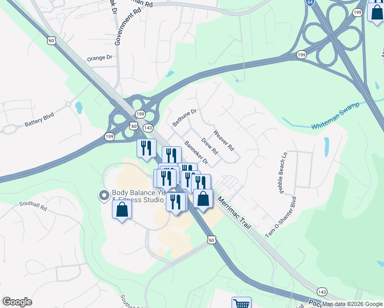 map of restaurants, bars, coffee shops, grocery stores, and more near 139 Banneker Drive in Williamsburg