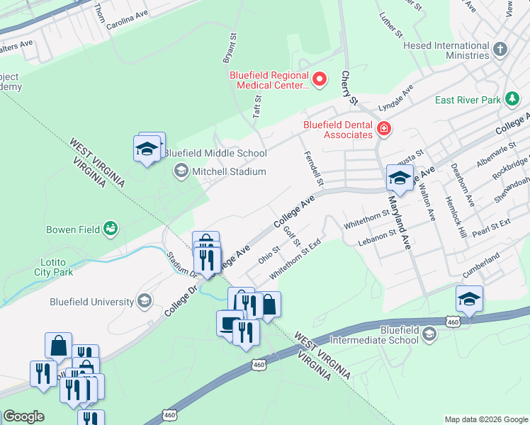 map of restaurants, bars, coffee shops, grocery stores, and more near 1701 Golf Avenue in Bluefield