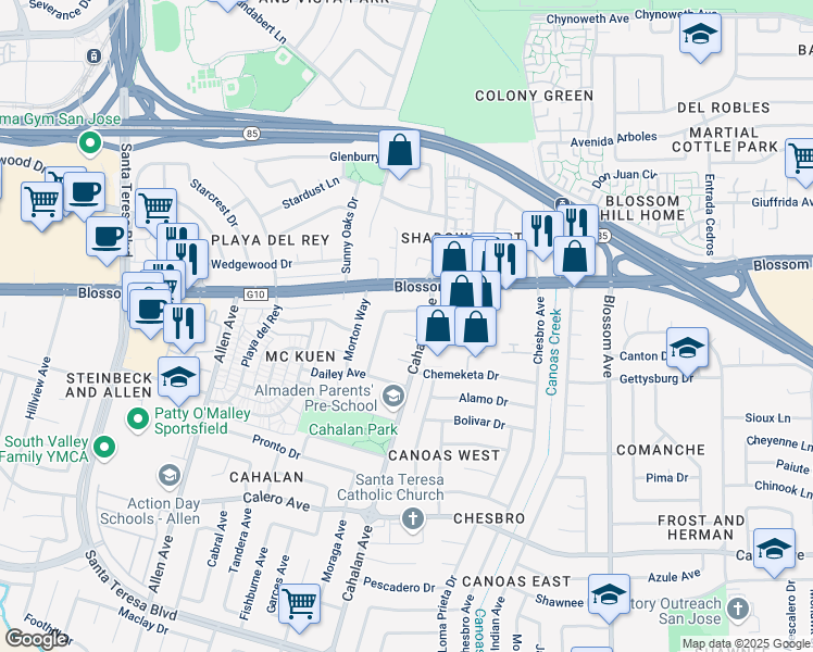 map of restaurants, bars, coffee shops, grocery stores, and more near 741 Cahalan Court in San Jose