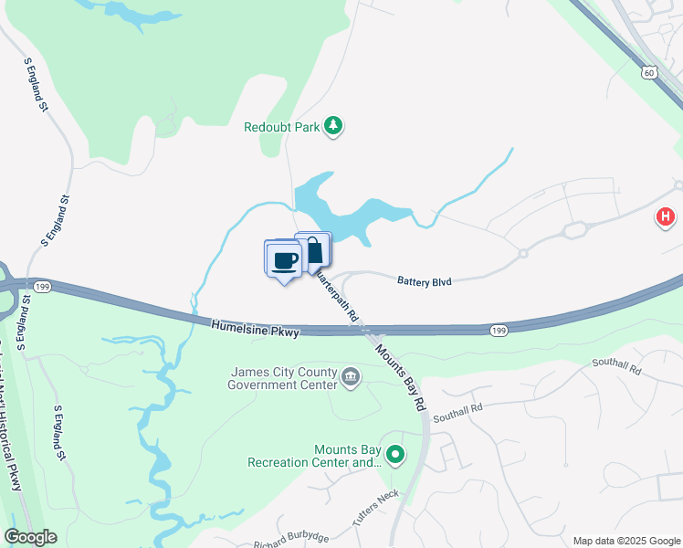 map of restaurants, bars, coffee shops, grocery stores, and more near 4396 Battery Boulevard in Williamsburg