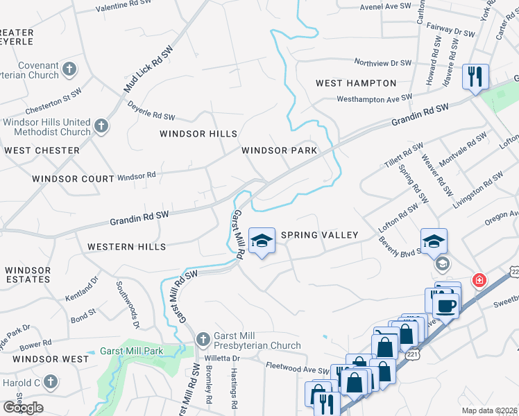 map of restaurants, bars, coffee shops, grocery stores, and more near 3174 Garst Cabin Dr in Roanoke