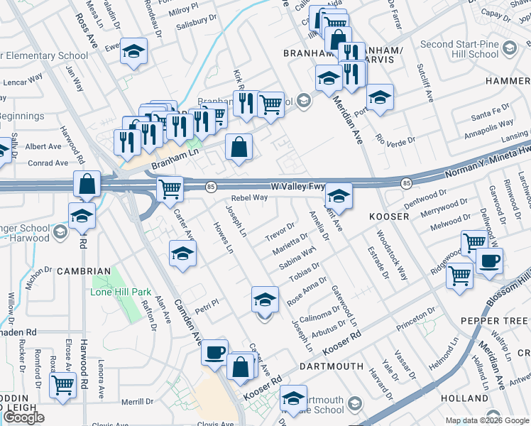 map of restaurants, bars, coffee shops, grocery stores, and more near 5068 Hawley Court in San Jose