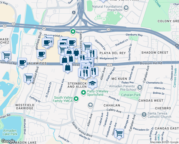 map of restaurants, bars, coffee shops, grocery stores, and more near 834 Blossom Hill Road in San Jose