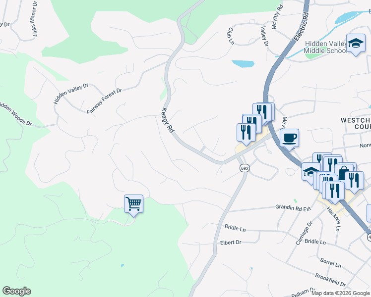 map of restaurants, bars, coffee shops, grocery stores, and more near 4714-4832 Keagy Road in Cave Spring