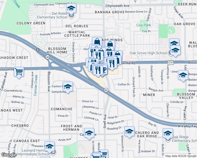 map of restaurants, bars, coffee shops, grocery stores, and more near 5663 Snell Avenue in San Jose