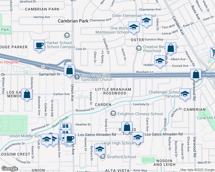 map of restaurants, bars, coffee shops, grocery stores, and more near 4875 Tony Avenue in San Jose