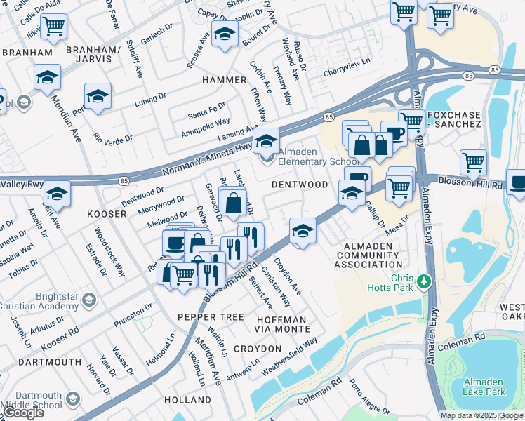 map of restaurants, bars, coffee shops, grocery stores, and more near 5351 Southbridge Place in San Jose
