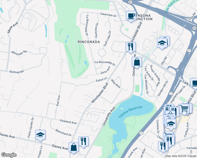 map of restaurants, bars, coffee shops, grocery stores, and more near 17283 Eaton Lane in Monte Sereno