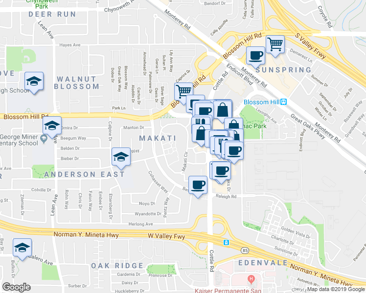 map of restaurants, bars, coffee shops, grocery stores, and more near 5212 Makati Circle in San Jose