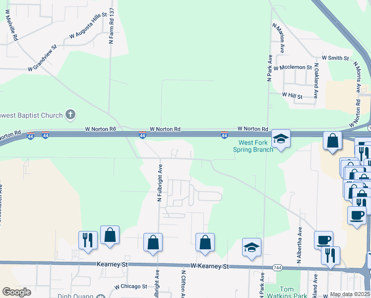 map of restaurants, bars, coffee shops, grocery stores, and more near 2577 West Farm Road 112 in Springfield