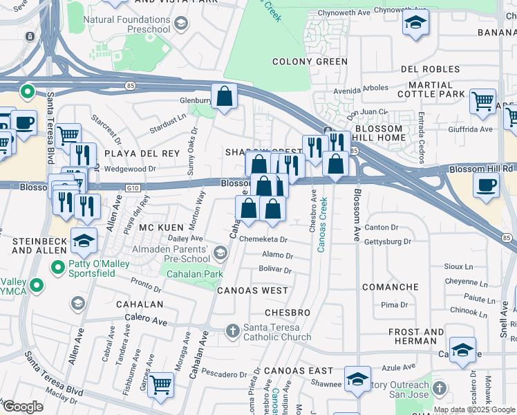 map of restaurants, bars, coffee shops, grocery stores, and more near 680 Blossom Hill Road in San Jose