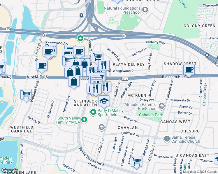 map of restaurants, bars, coffee shops, grocery stores, and more near 401 Briar Ridge Drive in San Jose