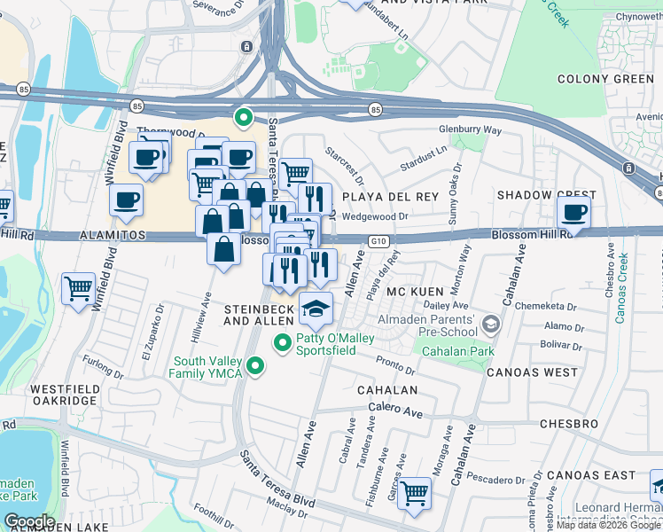 map of restaurants, bars, coffee shops, grocery stores, and more near 110 Birch Ridge Circle in San Jose