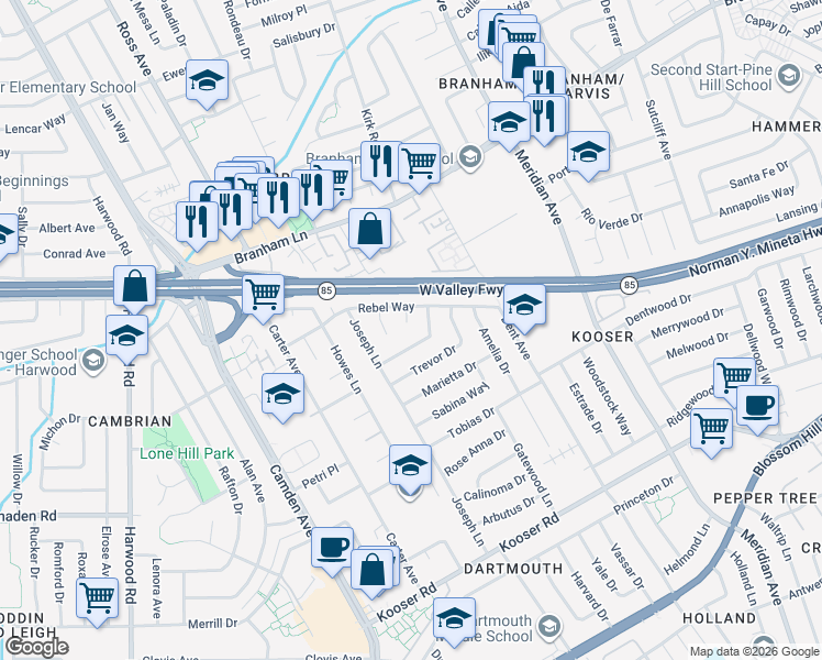 map of restaurants, bars, coffee shops, grocery stores, and more near 5068 Hawley Court in San Jose