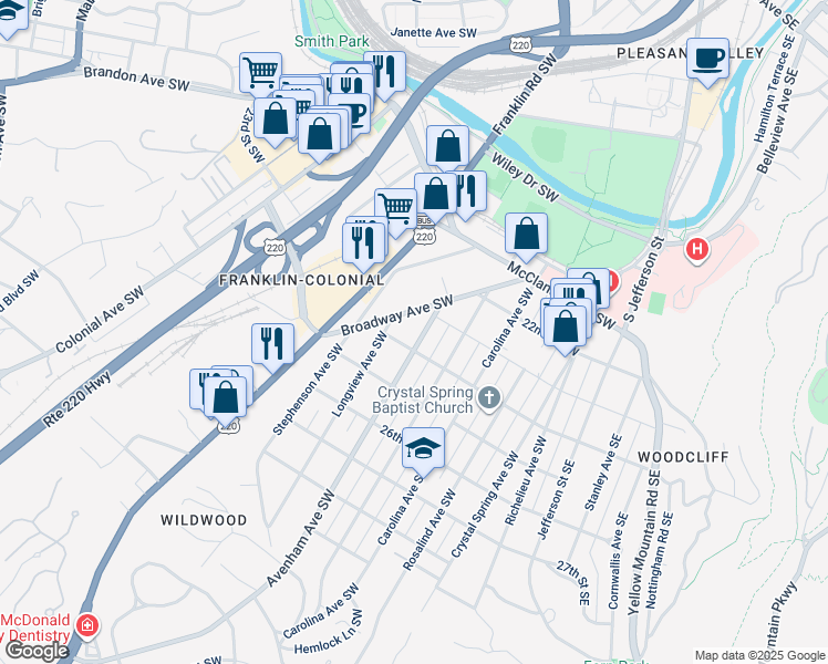 map of restaurants, bars, coffee shops, grocery stores, and more near 2324 Broadway Avenue Southwest in Roanoke
