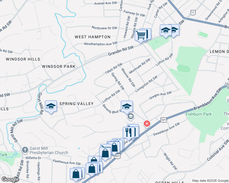 map of restaurants, bars, coffee shops, grocery stores, and more near 2719 Lofton Road in Roanoke