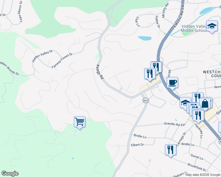 map of restaurants, bars, coffee shops, grocery stores, and more near 4714-4832 Keagy Road in Cave Spring