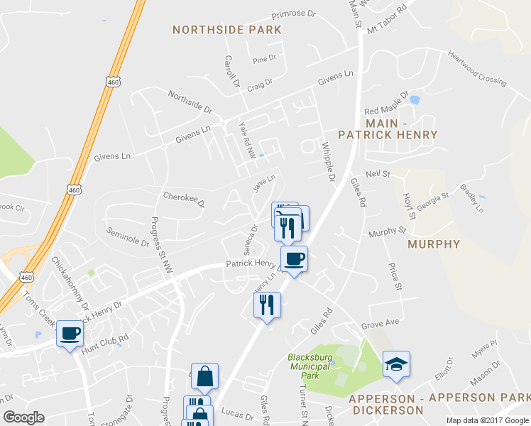map of restaurants, bars, coffee shops, grocery stores, and more near 206 Janie Lane in Blacksburg
