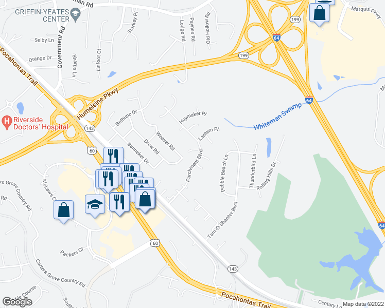 map of restaurants, bars, coffee shops, grocery stores, and more near 105 Bronze Court in Williamsburg