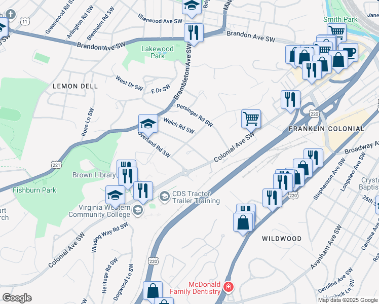 map of restaurants, bars, coffee shops, grocery stores, and more near 1036 Clearfield Road Southwest in Roanoke