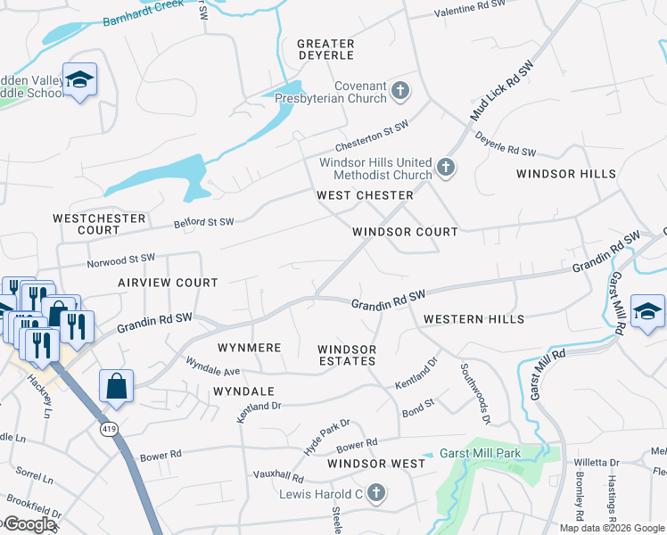 map of restaurants, bars, coffee shops, grocery stores, and more near 4008 Clairmont St SW in Roanoke