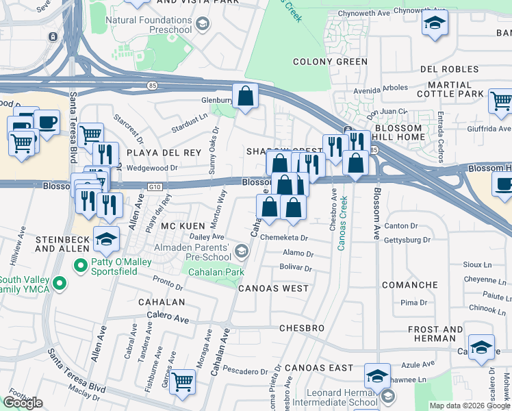 map of restaurants, bars, coffee shops, grocery stores, and more near 5686 San Lorenzo Drive in San Jose