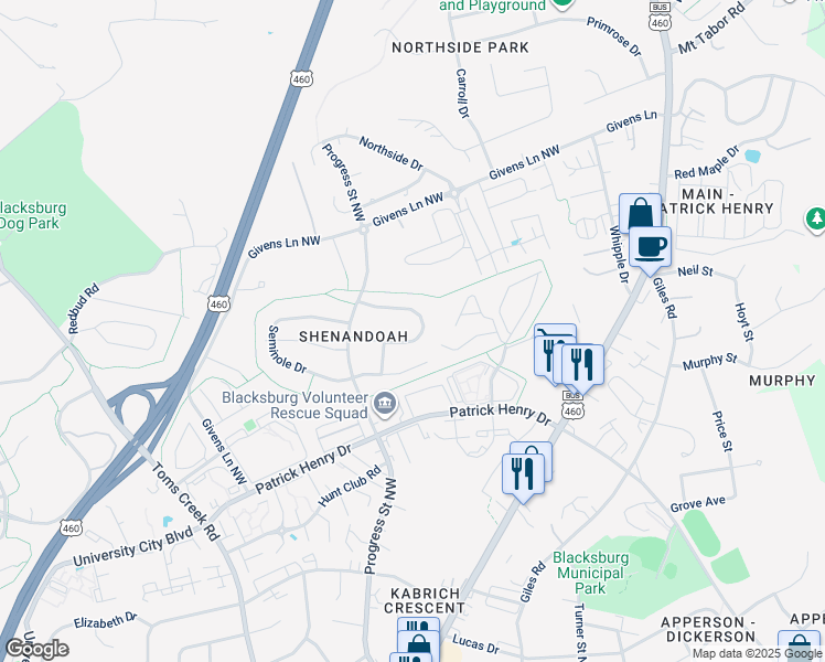map of restaurants, bars, coffee shops, grocery stores, and more near 205 Cherokee Drive in Blacksburg