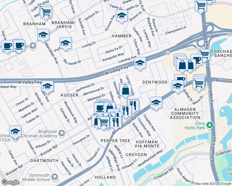 map of restaurants, bars, coffee shops, grocery stores, and more near 5321 Garwood Drive in San Jose