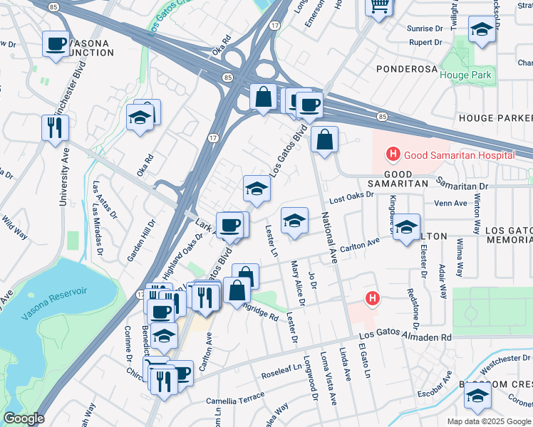 map of restaurants, bars, coffee shops, grocery stores, and more near 16261 Camino Del Sol in Los Gatos