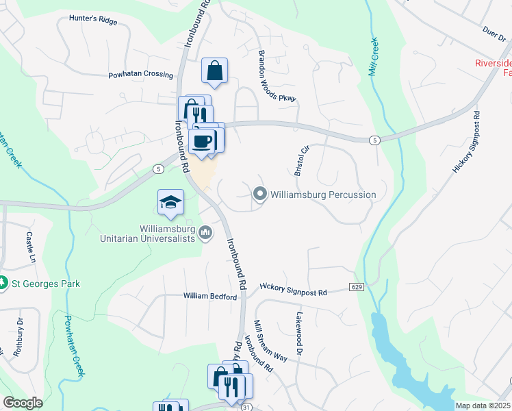 map of restaurants, bars, coffee shops, grocery stores, and more near 3100 Maplewood Place in Williamsburg