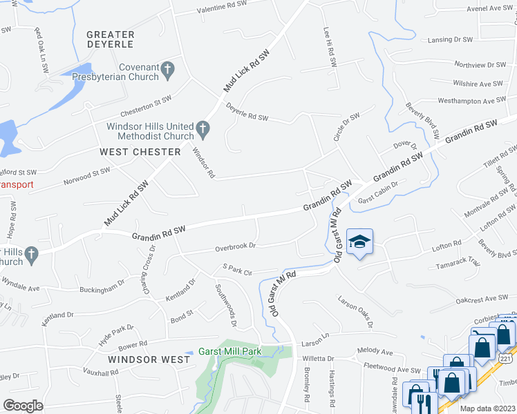 map of restaurants, bars, coffee shops, grocery stores, and more near 3477 Grandin Road Southwest in Roanoke
