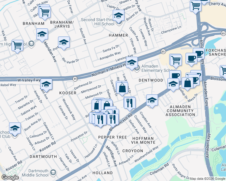 map of restaurants, bars, coffee shops, grocery stores, and more near 5321 Garwood Drive in San Jose