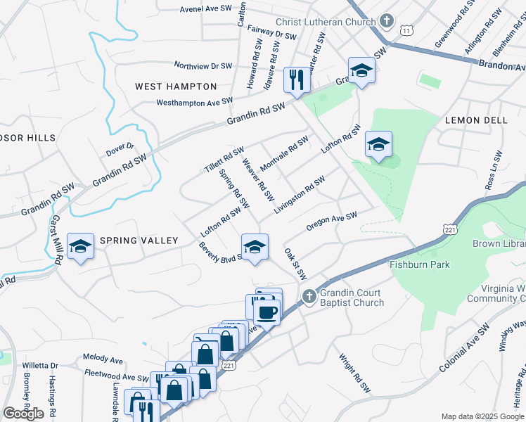 map of restaurants, bars, coffee shops, grocery stores, and more near 2617 Livingston Road Southwest in Roanoke