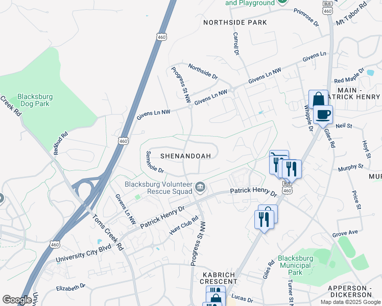 map of restaurants, bars, coffee shops, grocery stores, and more near 103 Cherokee Drive in Blacksburg