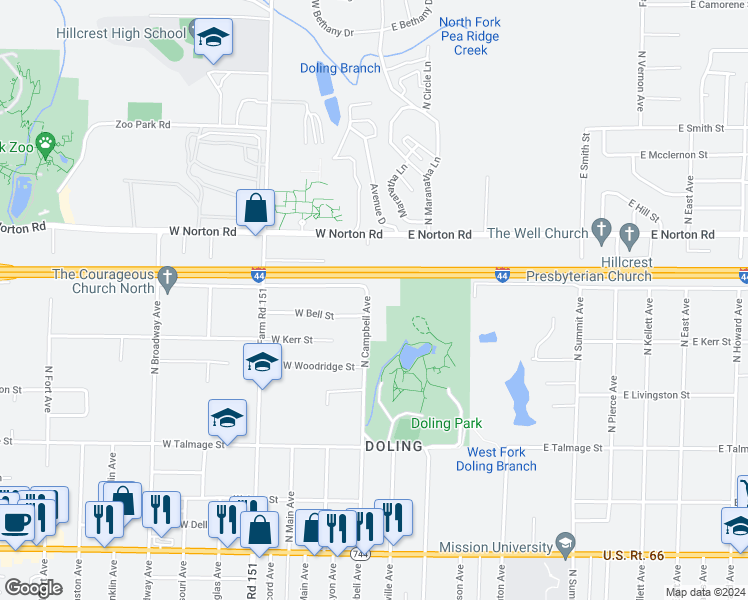 map of restaurants, bars, coffee shops, grocery stores, and more near 2850 North Campbell Avenue in Springfield